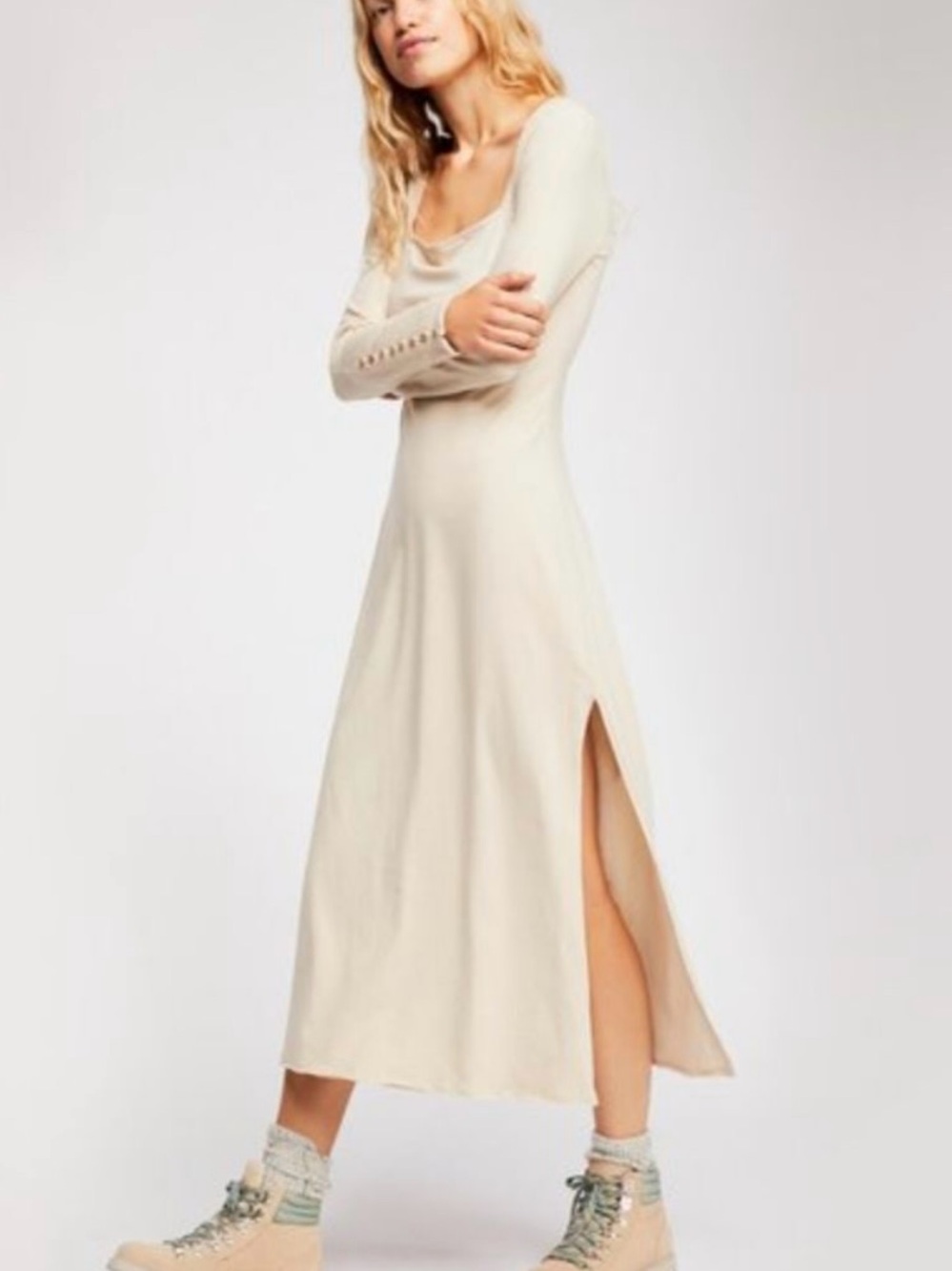 Free People Beach Lightweight Knit Cream Beachy Off Shoulder Relaxed Maxi Dress